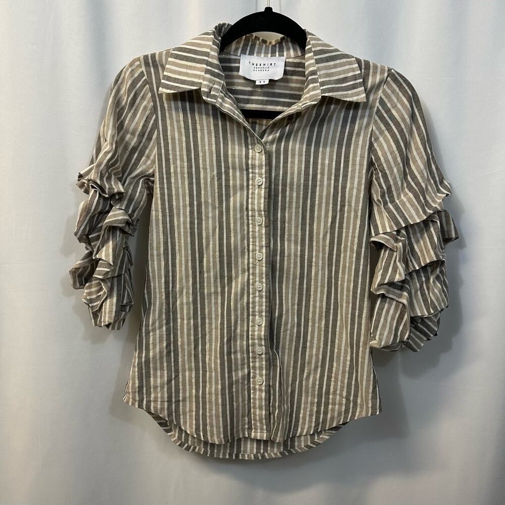 Rochelle Behrens The Shirt 3/4 Ruffle Sleeve Button Down Gold Stripe XS